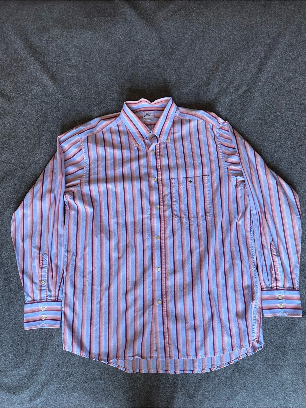 Lacoste Button-Down Cotton Shirt 44 Pink Blue Vertical Striped Preppy Coastal